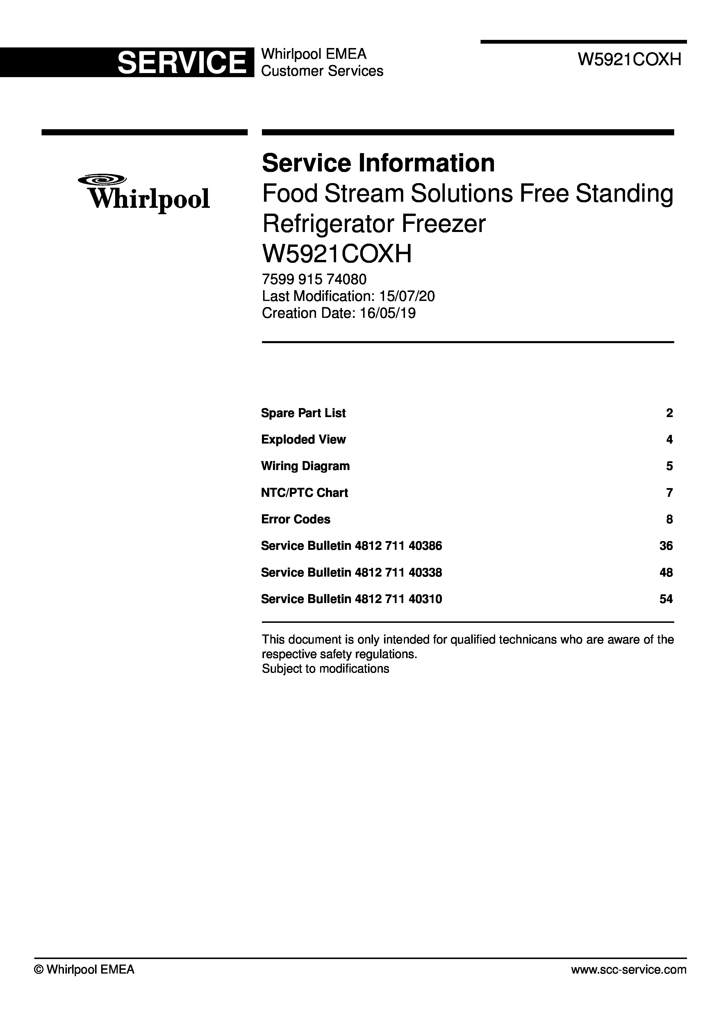 Whirlpool w5 921c ox service manual cover with model code, manual contents and publication date