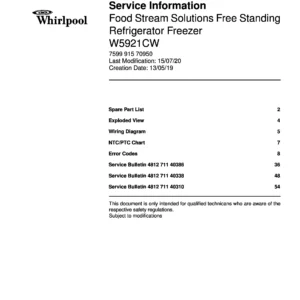 Whirlpool w5 921c w service manual cover with model code, manual contents and publication date