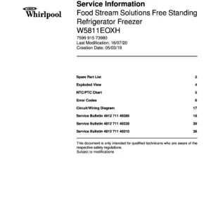 Whirlpool w5811eoxh service manual cover with model code, manual contents and publication date
