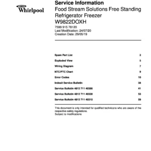 Whirlpool w9 822d ox h service manual cover with model code, manual contents and publication date