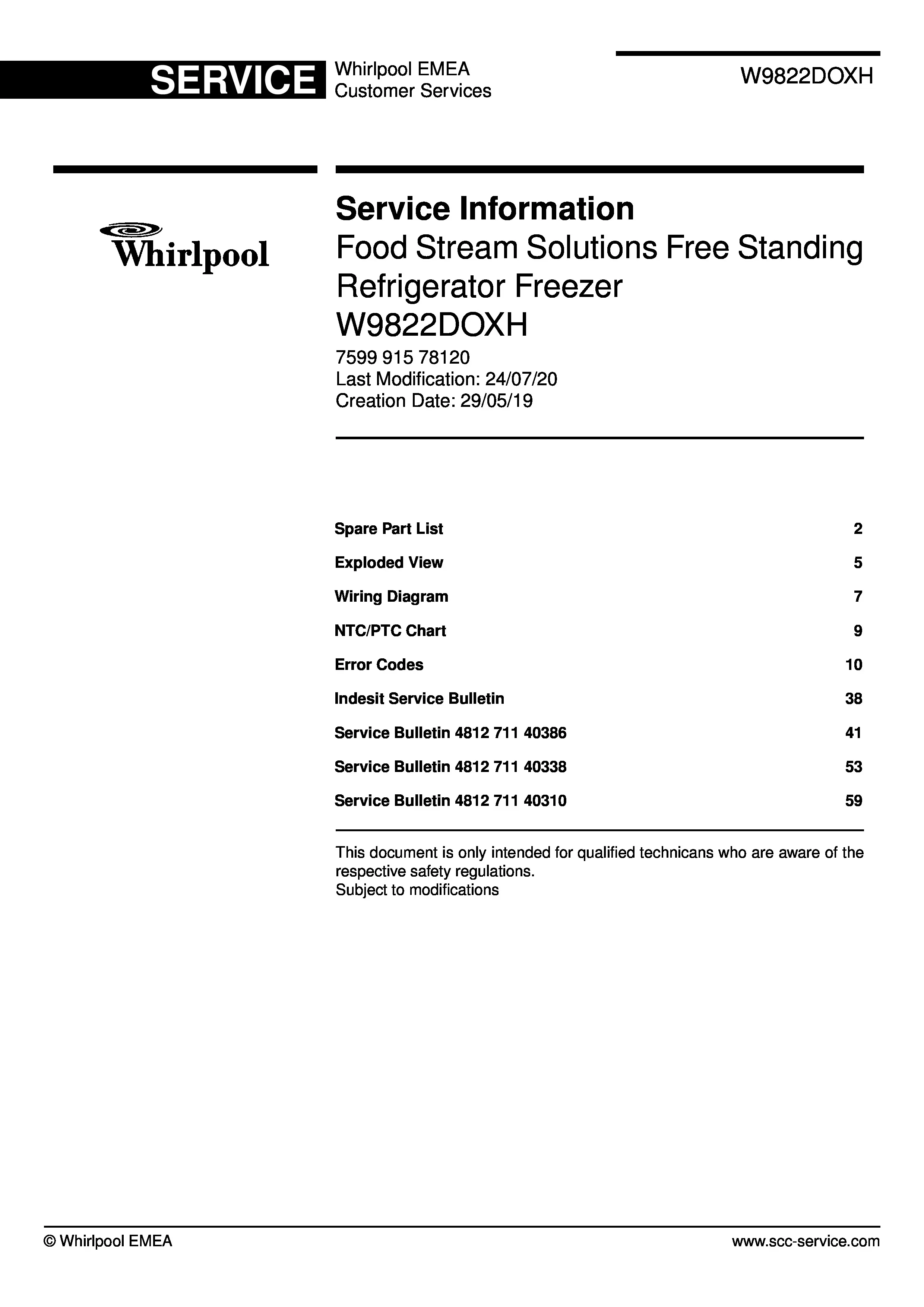Whirlpool w9 822d ox h service manual cover with model code, manual contents and publication date