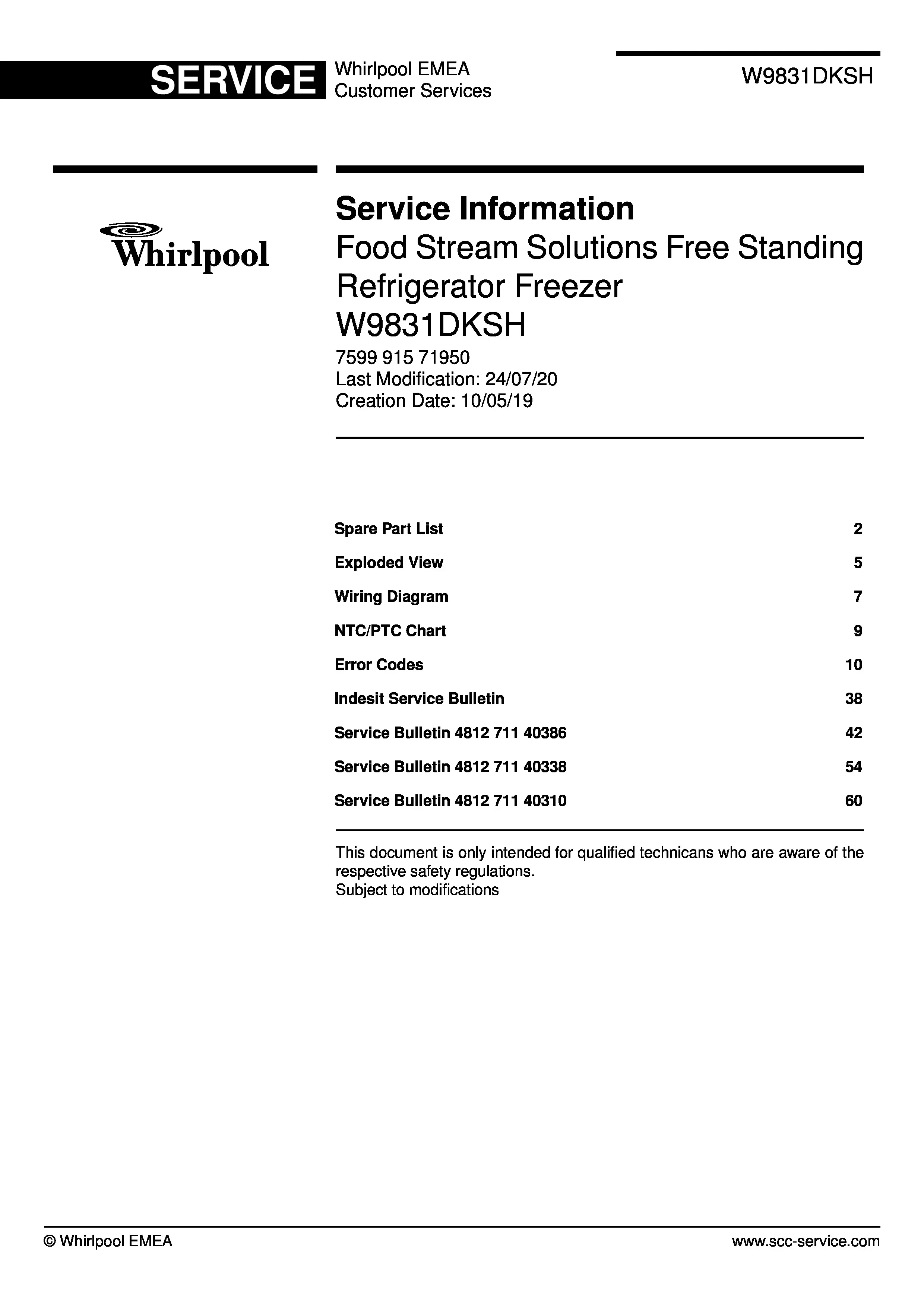 Whirlpool w9 831d ks h service manual cover with model code, manual contents and publication date