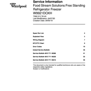 Whirlpool w9 921d ox h service manual cover with model code, manual contents and publication date