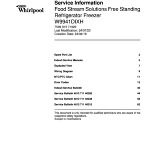 Whirlpool w9 941d ix h service manual cover with model code, manual contents and publication date