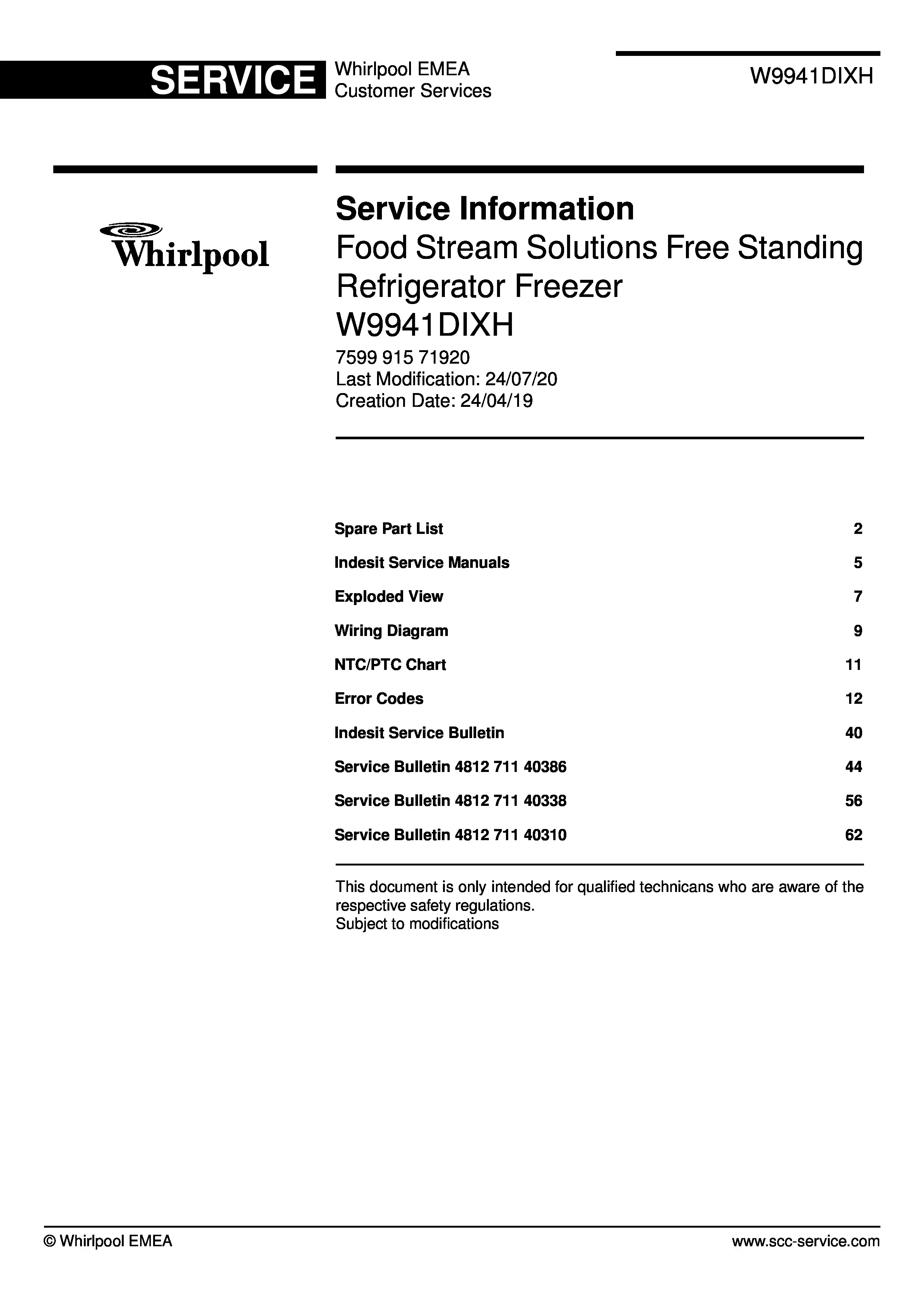 Whirlpool w9 941d ix h service manual cover with model code, manual contents and publication date