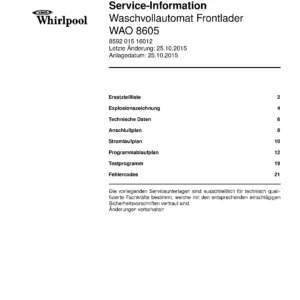 Whirlpool wao 8605 deckblatt der serviceanleitung Whirlpool logo, Whirlpool EMEA customer service, model type, publication date, document number and service manual contents