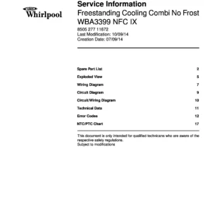Whirlpool wba 3399 nfc ix service manual cover with model code, manual contents and publication date
