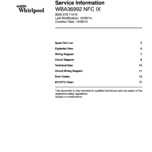Whirlpool wba36992 nfc ix service manual cover with model code, manual contents and publication date