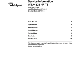 Whirlpool wba4328 nf ts service manual cover with model code, manual contents and publication date