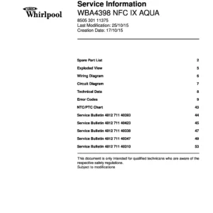 Whirlpool wba4398 nfc ix aqua service manual cover with model code, manual contents and publication date