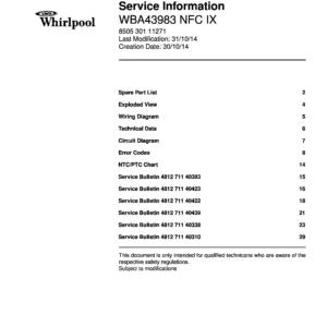 Whirlpool wba43983 nfc ix 2 service manual cover with model code, manual contents and publication date