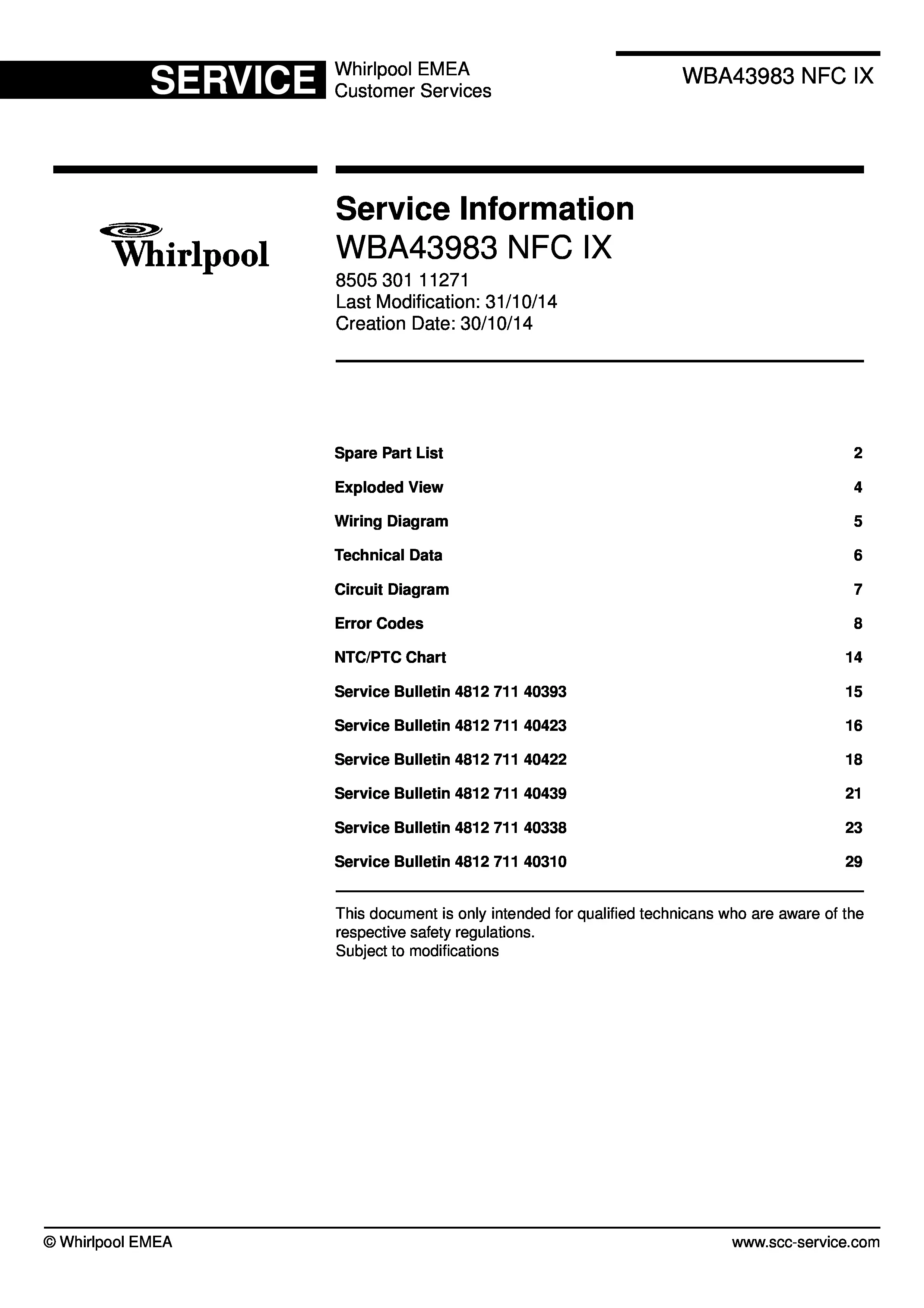 Whirlpool wba43983 nfc ix 2 service manual cover with model code, manual contents and publication date