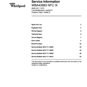 Whirlpool wba43983 nfc ix service manual cover with model code, manual contents and publication date