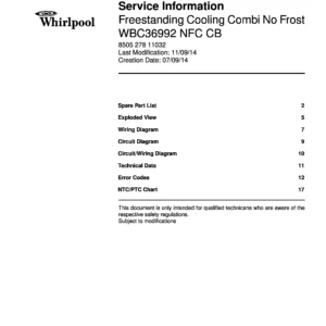 Whirlpool wbc 36992 nfc cb service manual cover with model code, manual contents and publication date