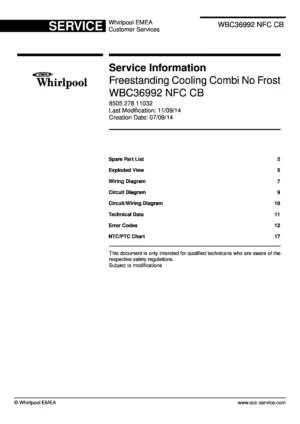 Whirlpool wbc 36992 nfc cb service manual cover with model code, manual contents and publication date