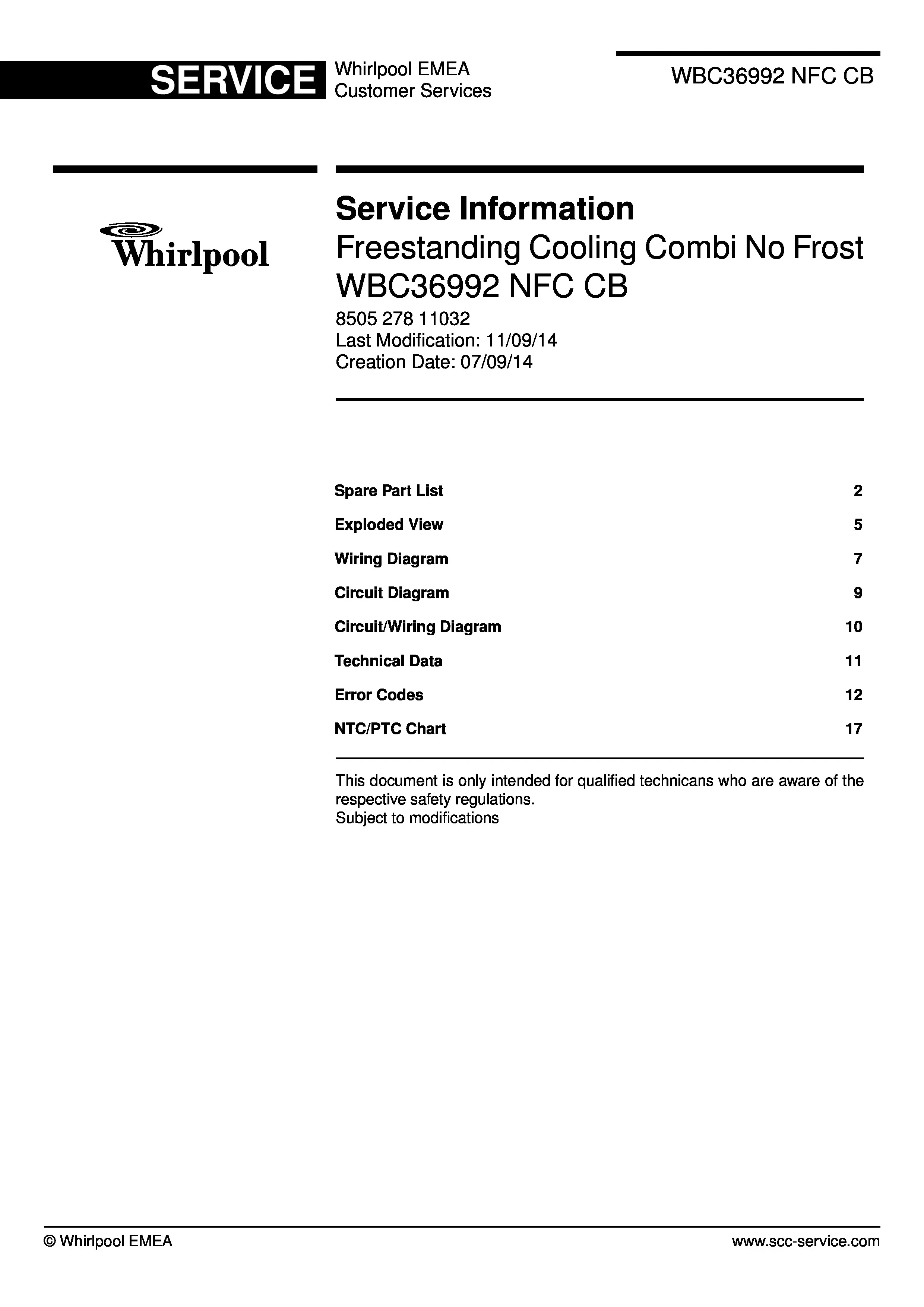 Whirlpool wbc 36992 nfc cb service manual cover with model code, manual contents and publication date