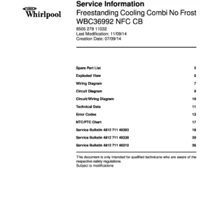 Whirlpool wbc36992 nfc cb service manual cover with model code, manual contents and publication date
