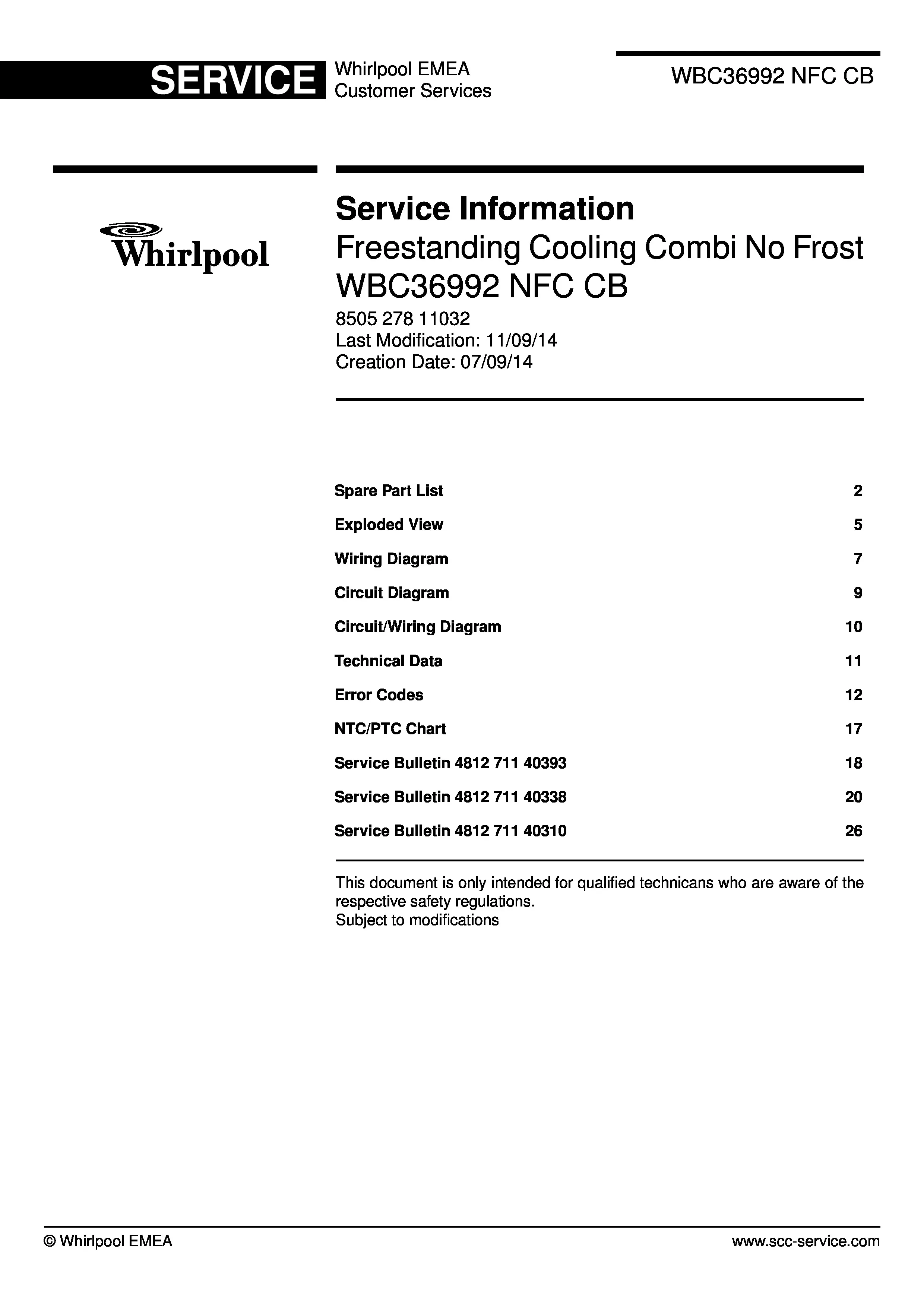 Whirlpool wbc36992 nfc cb service manual cover with model code, manual contents and publication date