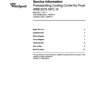 Whirlpool wbe 3375 nfc ix service manual cover with model code, manual contents and publication date