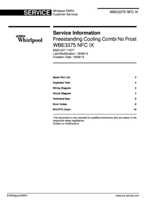 Whirlpool wbe 3375 nfc ix service manual cover with model code, manual contents and publication date