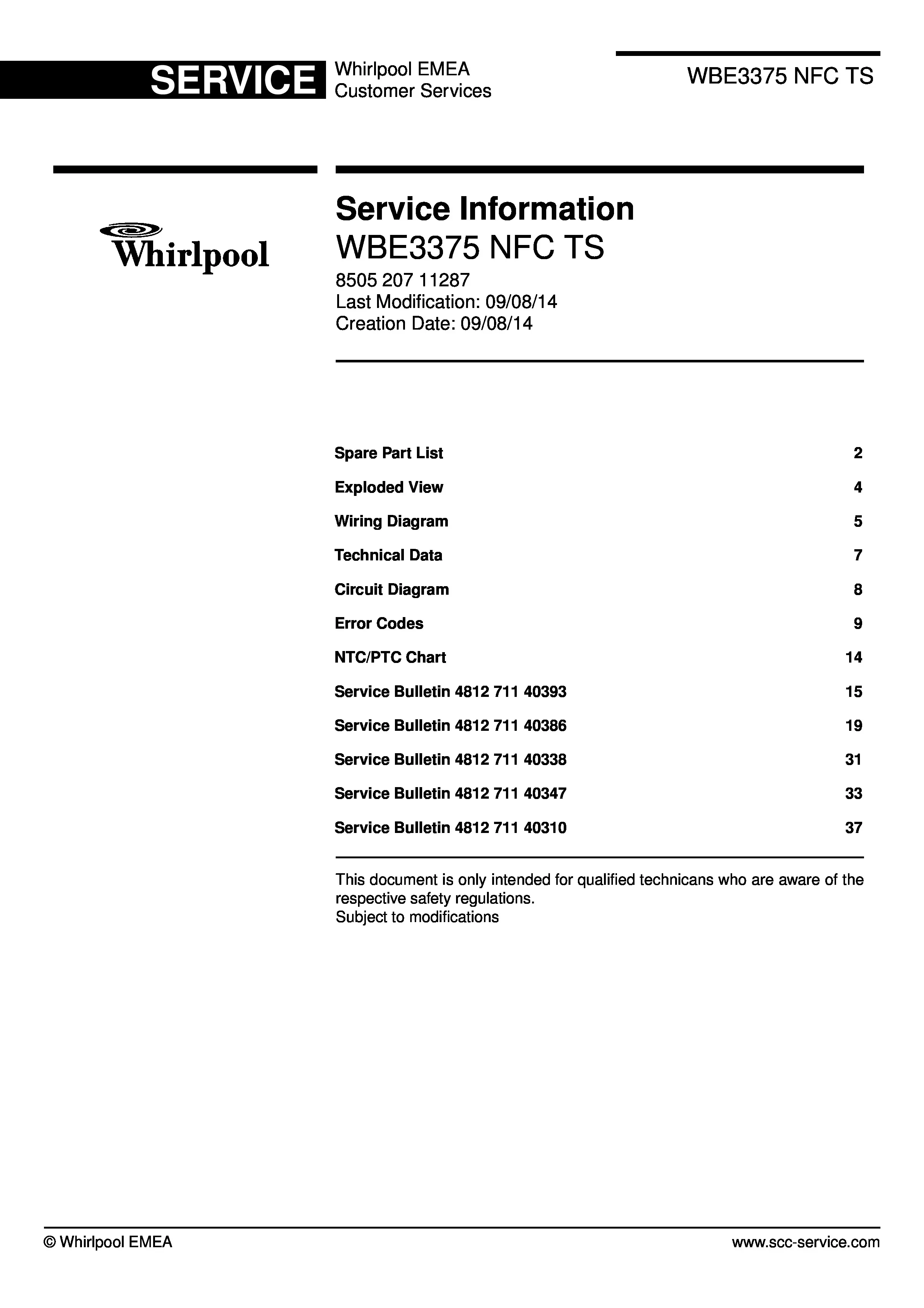 Whirlpool wbe 3375 nfc ts service manual cover with model code, manual contents and publication date