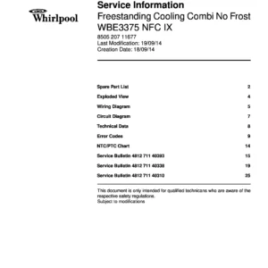 Whirlpool wbe3375 nfc ix service manual cover with model code, manual contents and publication date