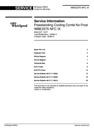 Whirlpool wbe3375 nfc ix service manual cover with model code, manual contents and publication date