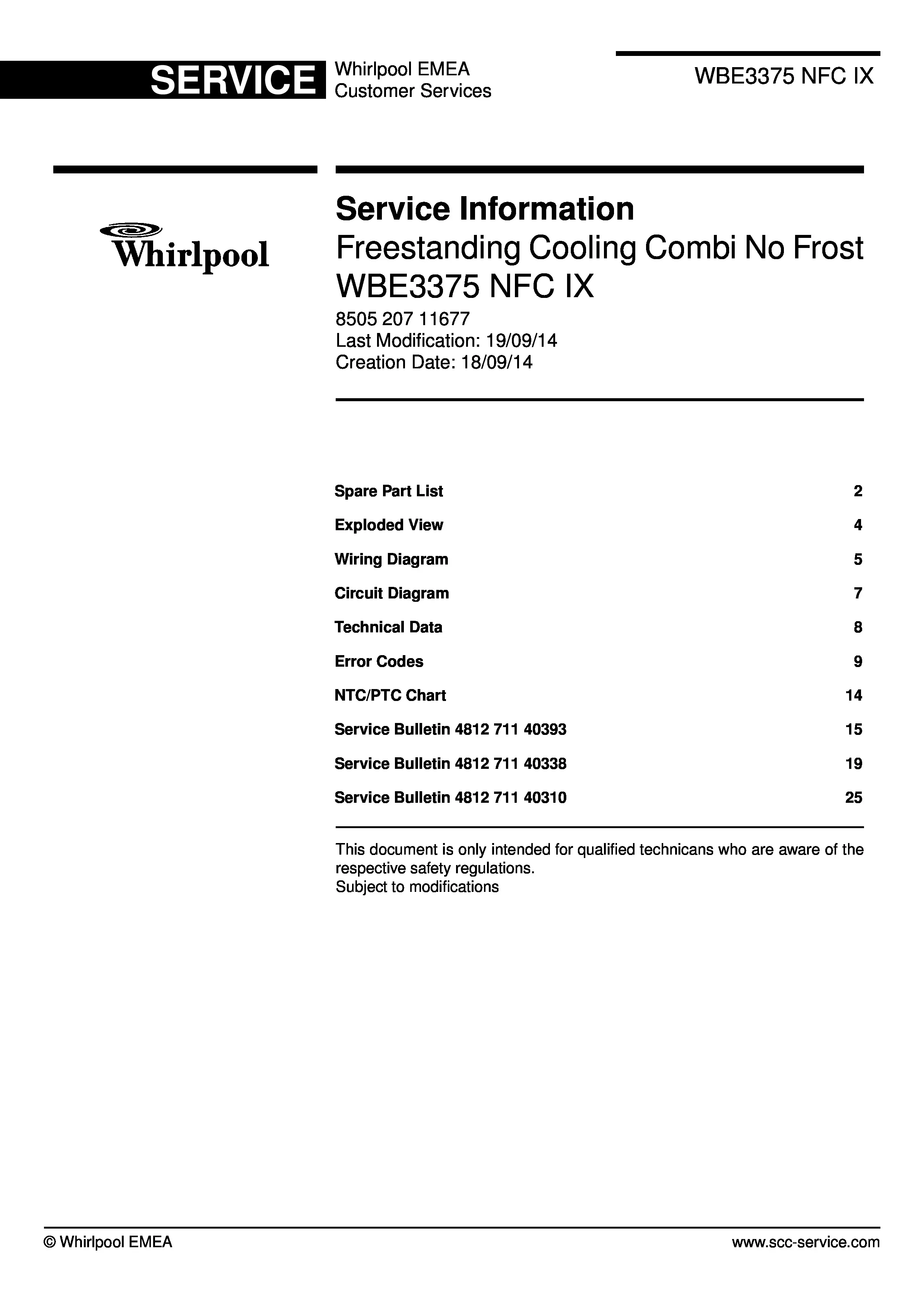 Whirlpool wbe3375 nfc ix service manual cover with model code, manual contents and publication date