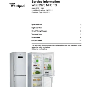 Whirlpool wbe3375 nfc ts service manual cover with model code, manual contents and publication date