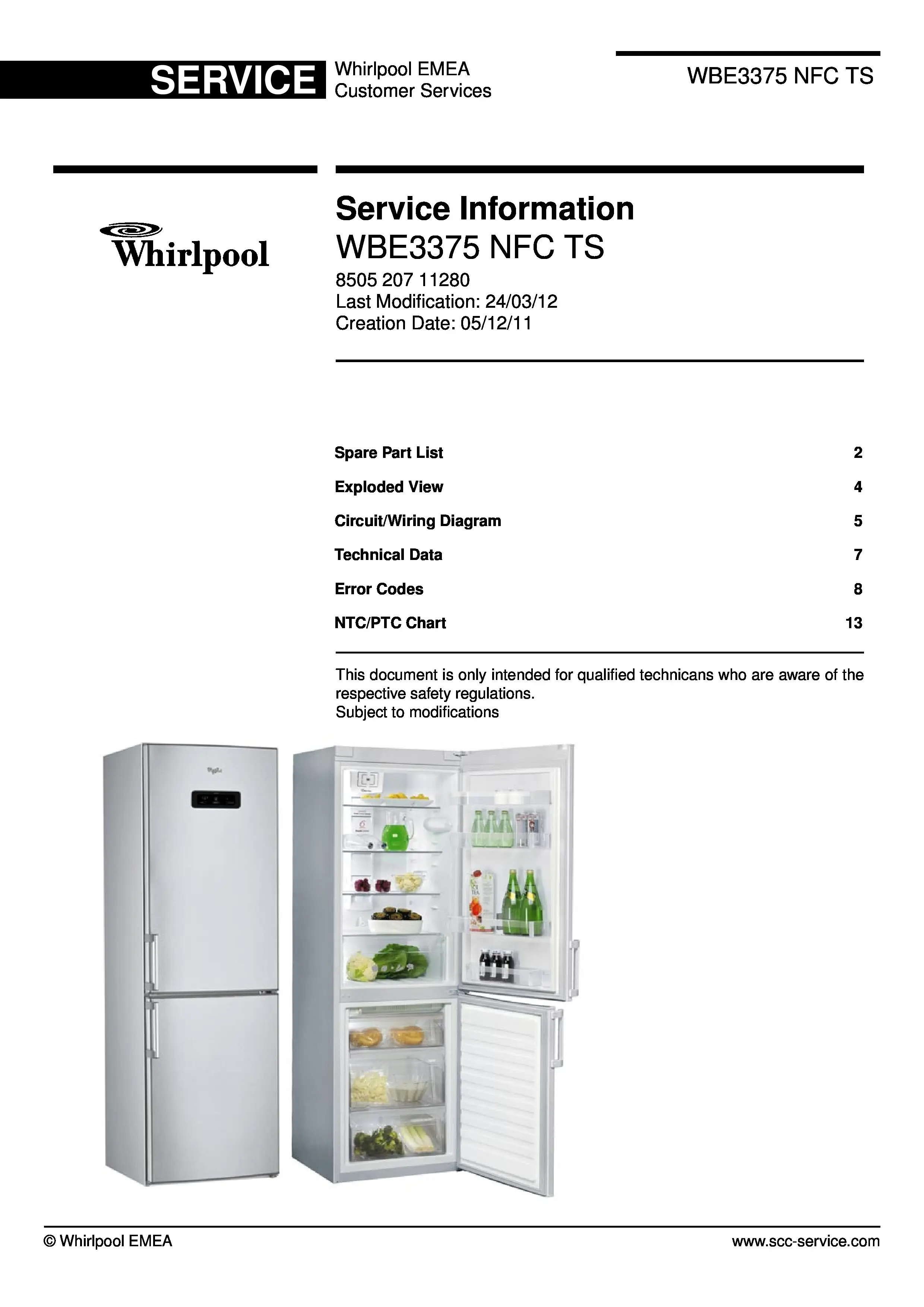 Whirlpool wbe3375 nfc ts service manual cover with model code, manual contents and publication date