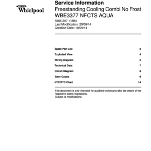 Whirlpool wbe3377 nfcts aqua service manual cover with model code, manual contents and publication date