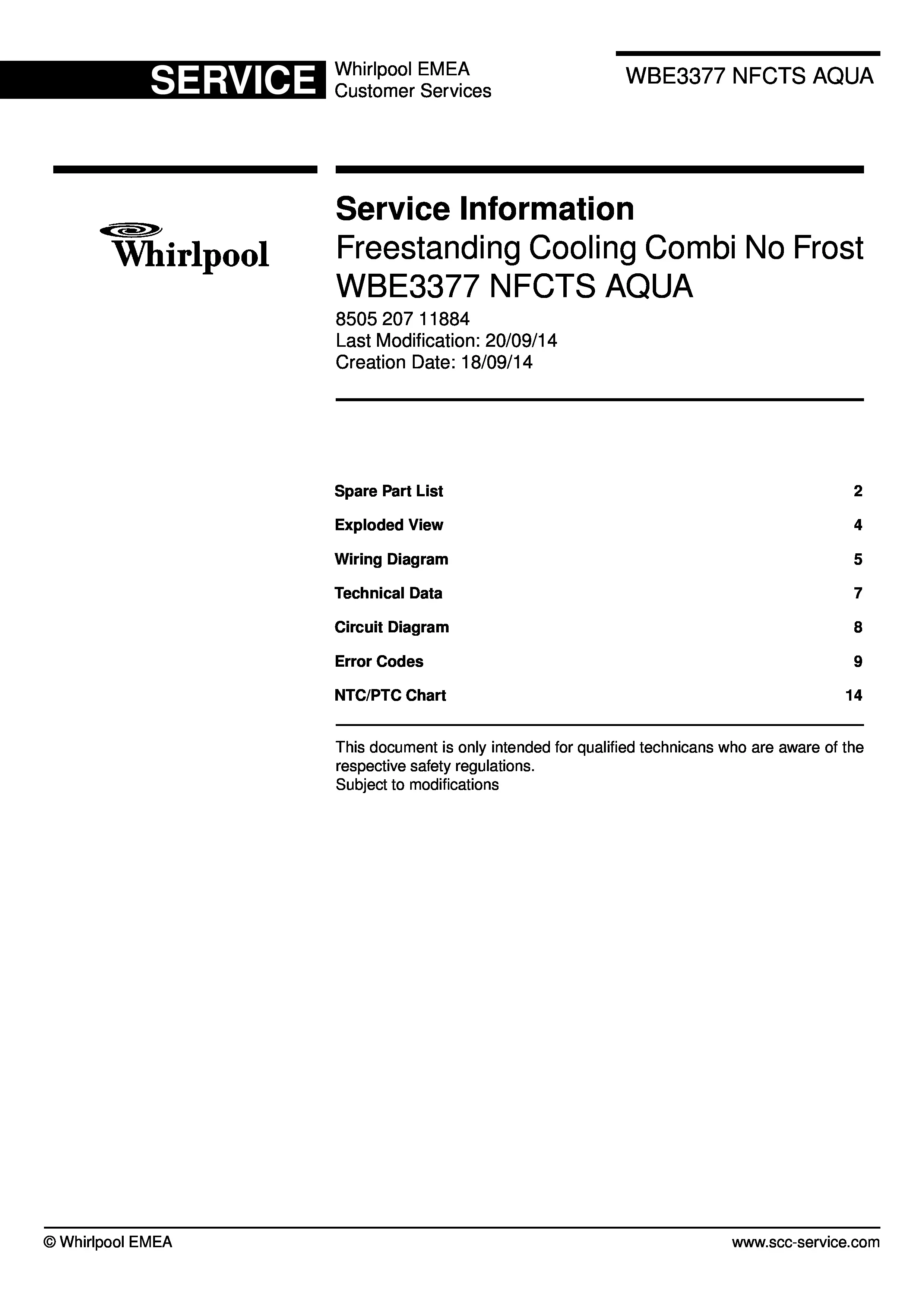 Whirlpool wbe3377 nfcts aqua service manual cover with model code, manual contents and publication date