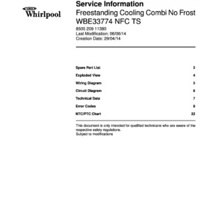 Whirlpool wbe33774 nfc ts service manual cover with model code, manual contents and publication date