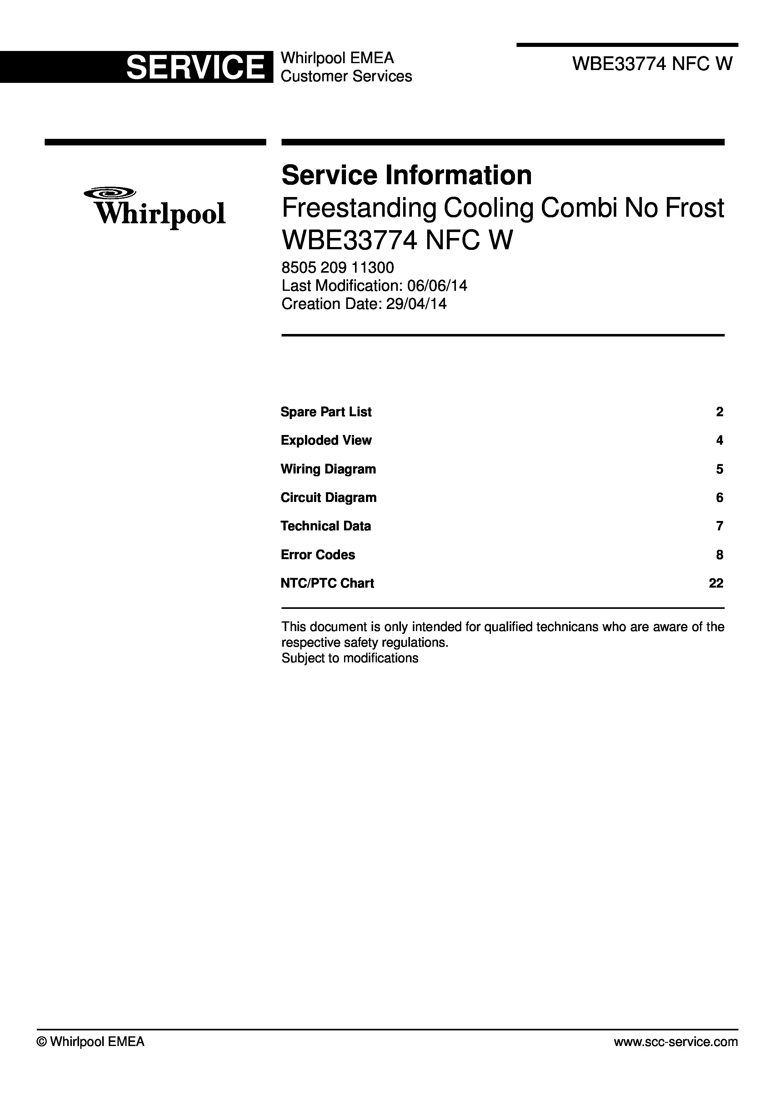 Whirlpool wbe33774 nfc w service manual cover with model code, manual contents and publication date