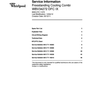 Whirlpool wbv 34272 dfc ix service manual cover with model code, manual contents and publication date