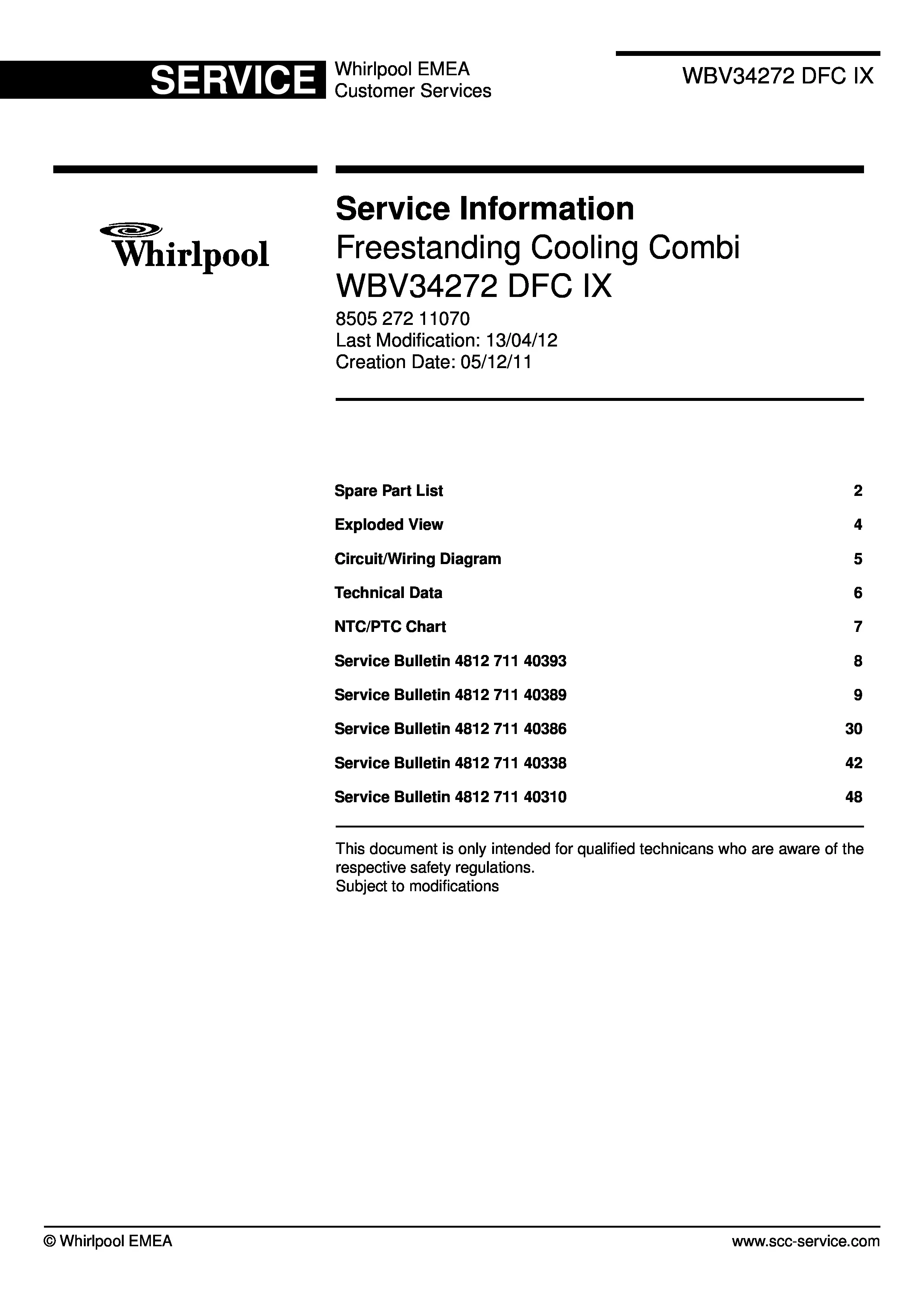 Whirlpool wbv 34272 dfc ix service manual cover with model code, manual contents and publication date