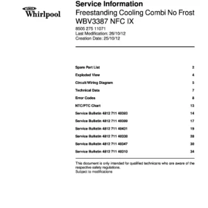 Whirlpool wbv3387 nfc ix service manual cover with model code, manual contents and publication date