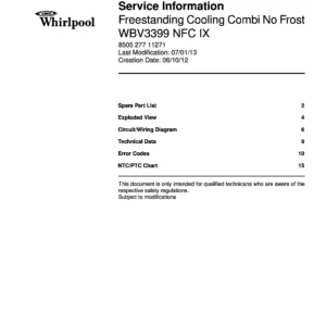 Whirlpool wbv3399 nfc ix service manual cover with model code, manual contents and publication date