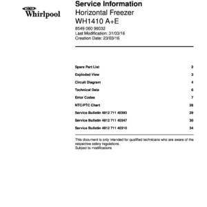 Whirlpool wh1410 ae service manual cover with model code, manual contents and publication date