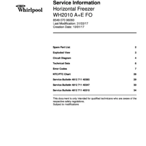 Whirlpool wh2010 ae fo service manual cover with model code, manual contents and publication date