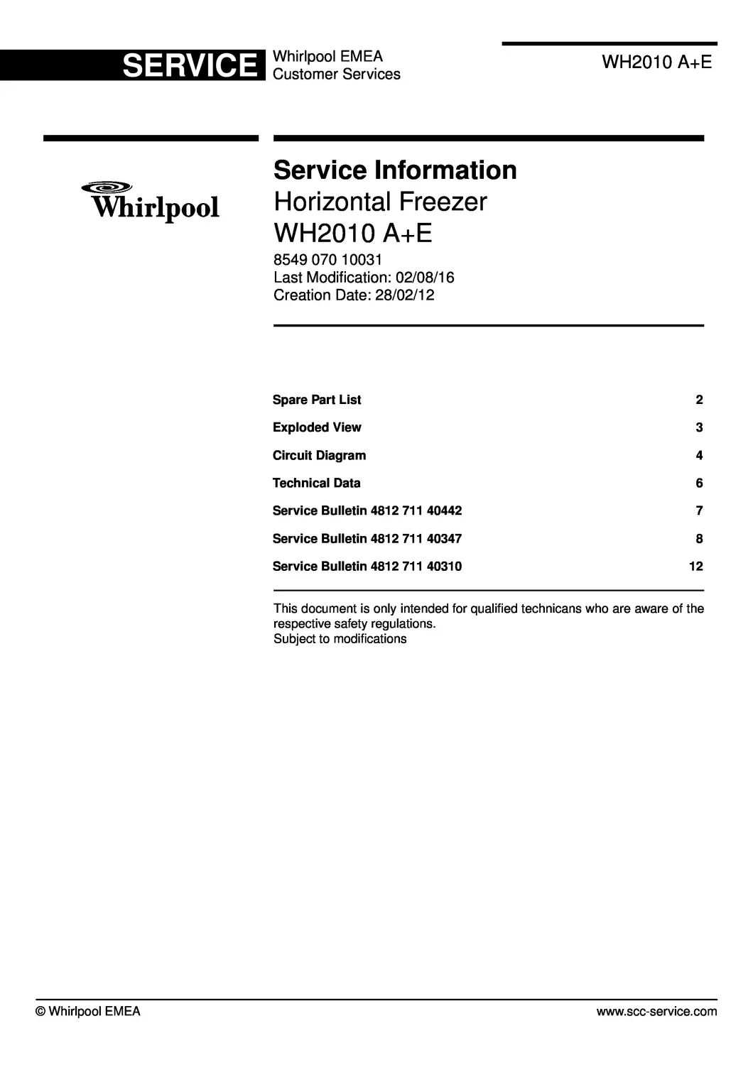 Whirlpool wh2010 ae service manual cover with model code, manual contents and publication date