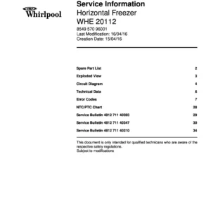 Whirlpool whe 20112 service manual cover with model code, manual contents and publication date