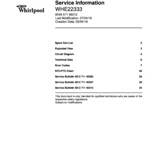 Whirlpool whe22333 service manual cover with model code, manual contents and publication date