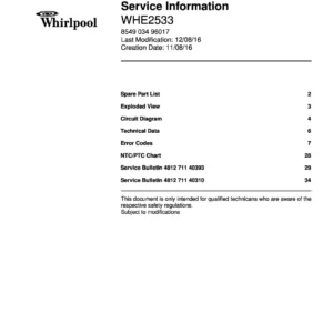 Whirlpool whe2533 service manual cover with model code, manual contents and publication date