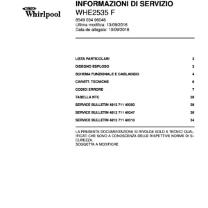 Whirlpool whe2535 f italy service manual cover with model code, manual contents and publication date