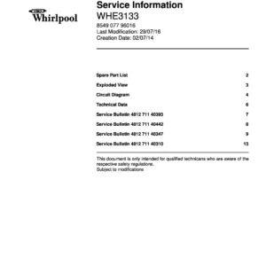 Whirlpool whe3133 service manual cover with model code, manual contents and publication date