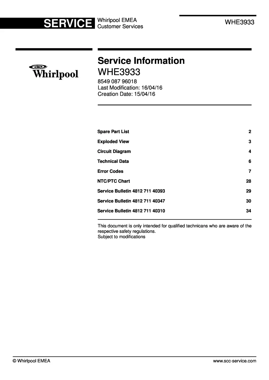 Whirlpool whe3933 service manual cover with model code, manual contents and publication date