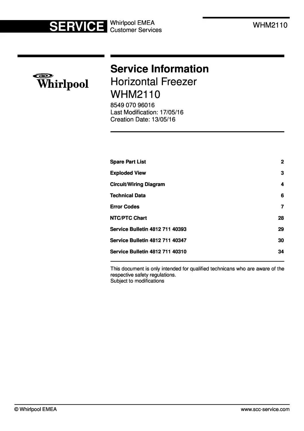 Whirlpool whm2110 service manual cover with model code, manual contents and publication date
