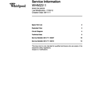 Whirlpool whm2511 service manual cover with model code, manual contents and publication date