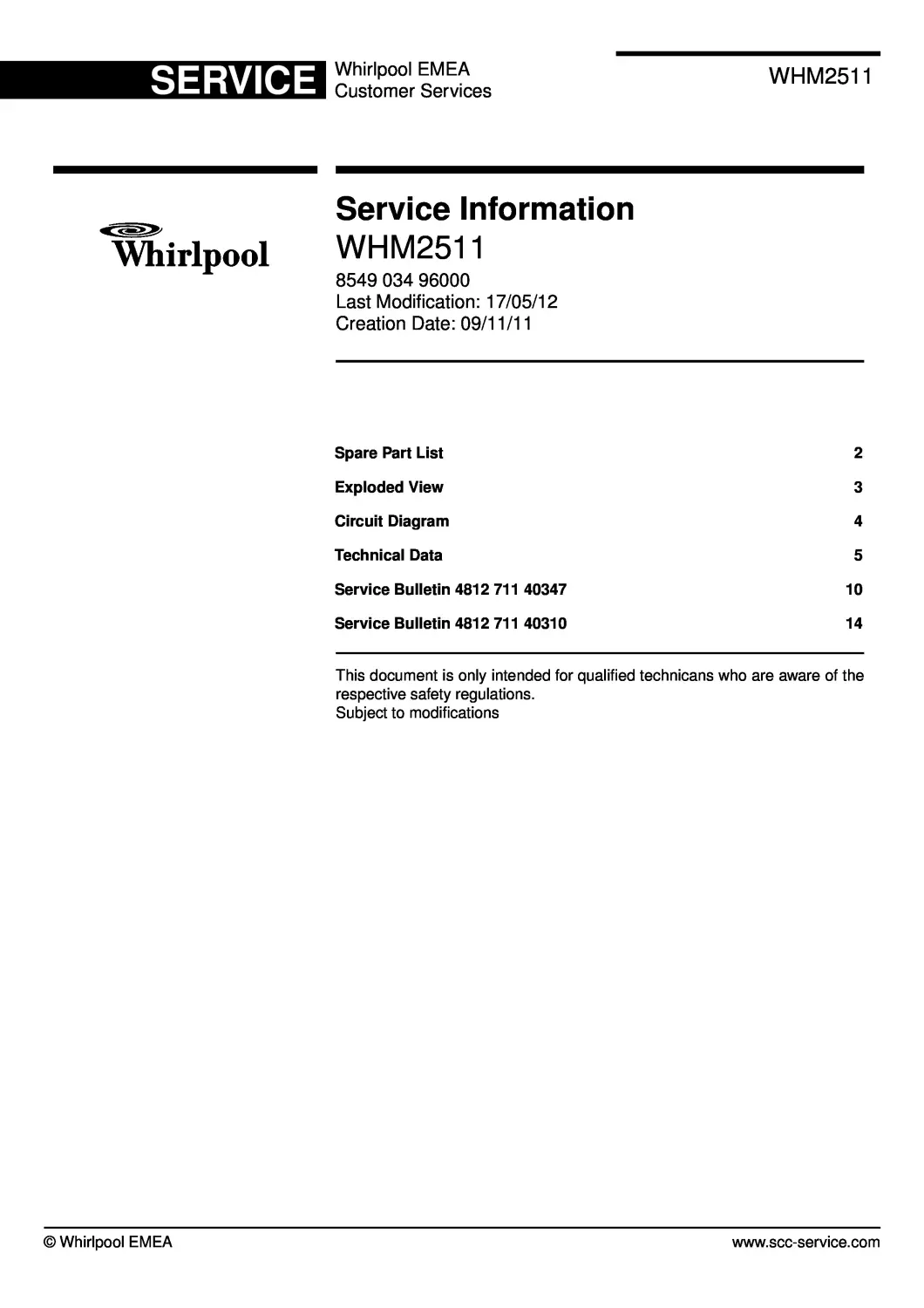 Whirlpool whm2511 service manual cover with model code, manual contents and publication date